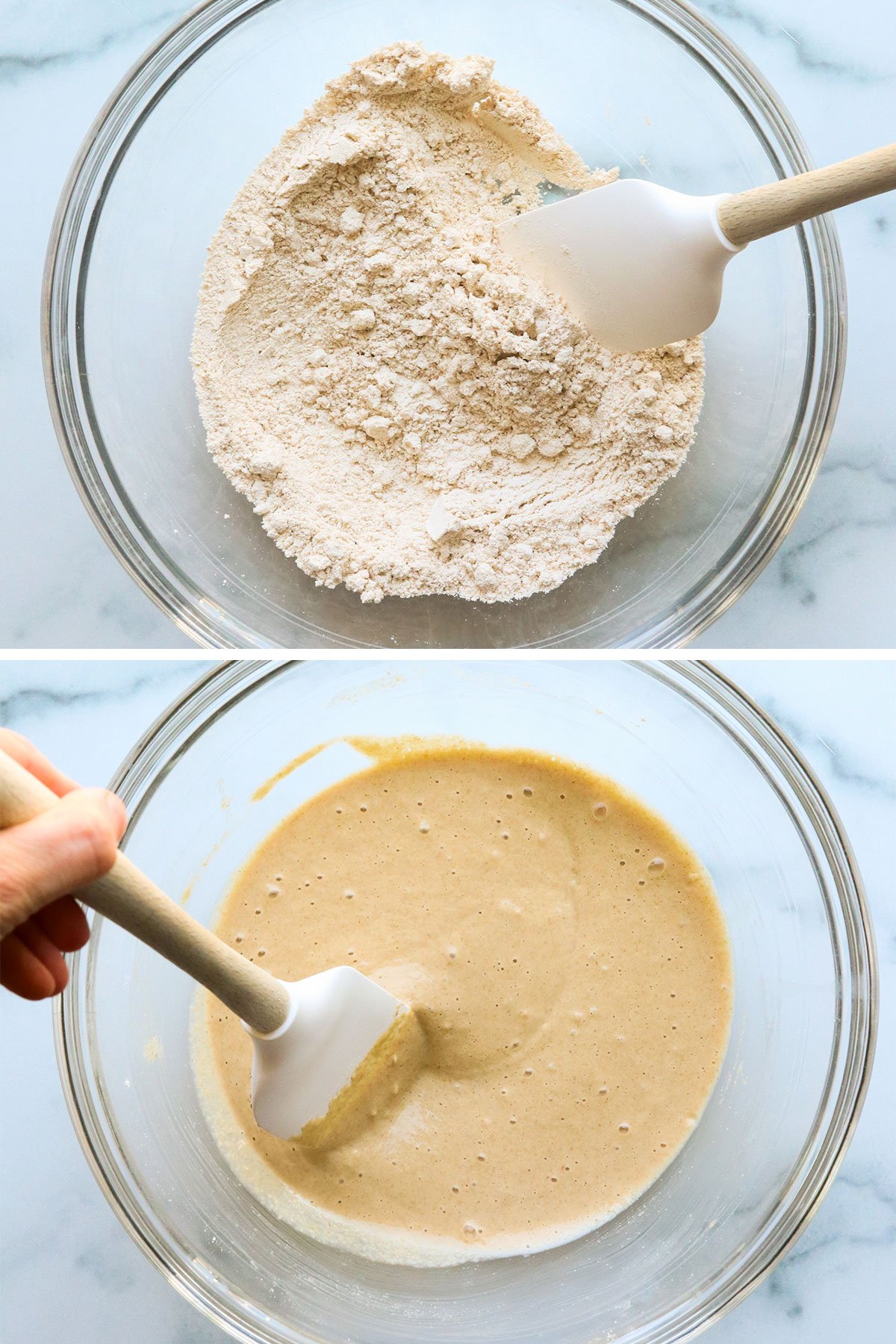 oat flour pancake batter mixed in glass bowl.