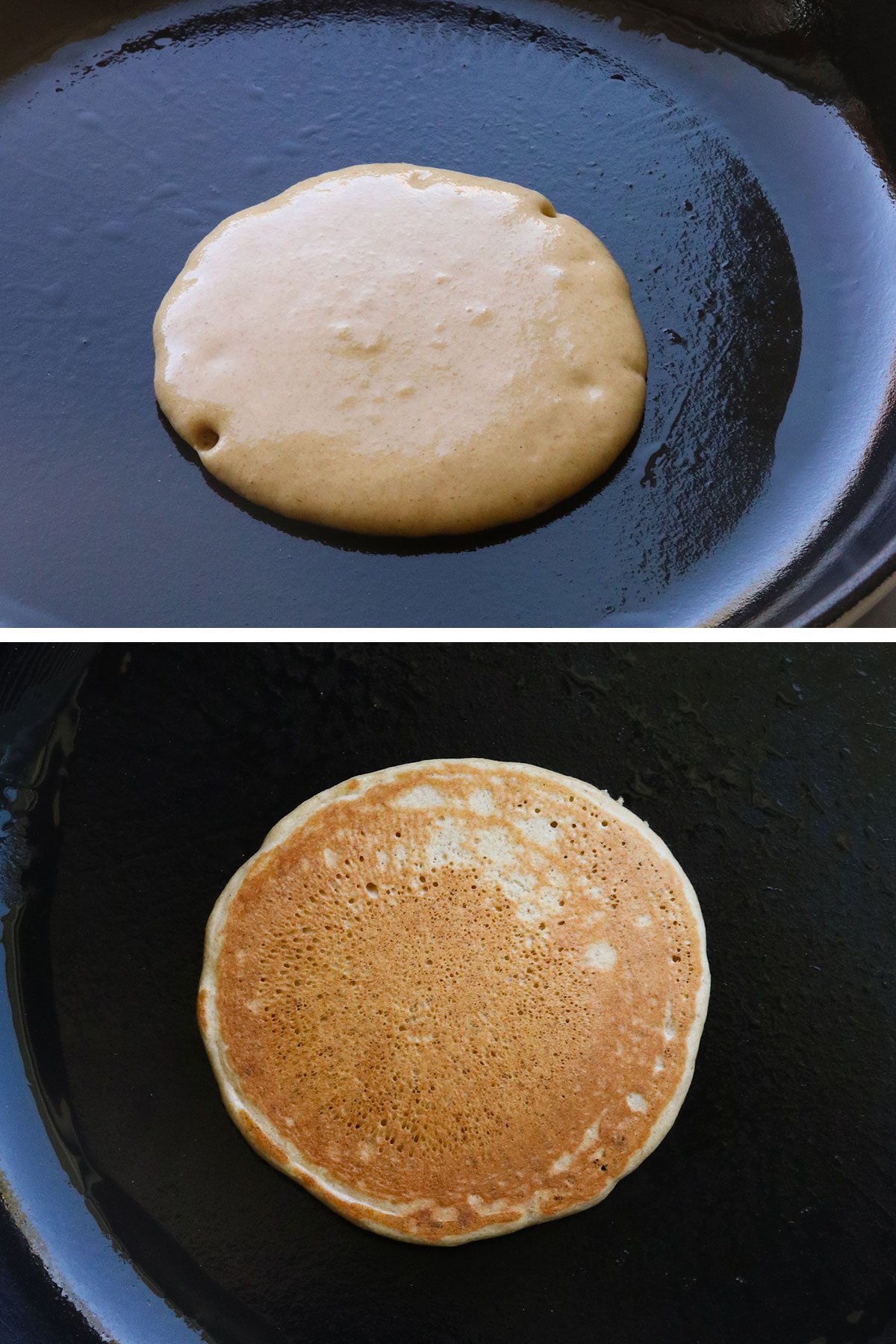 pancake batter on skillet before and after flipping.