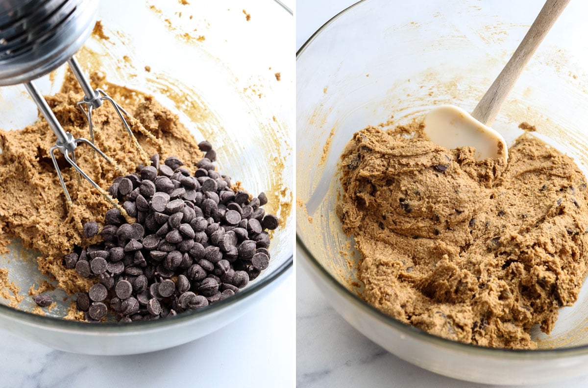 chocolate chips added to the mixed cookie dough