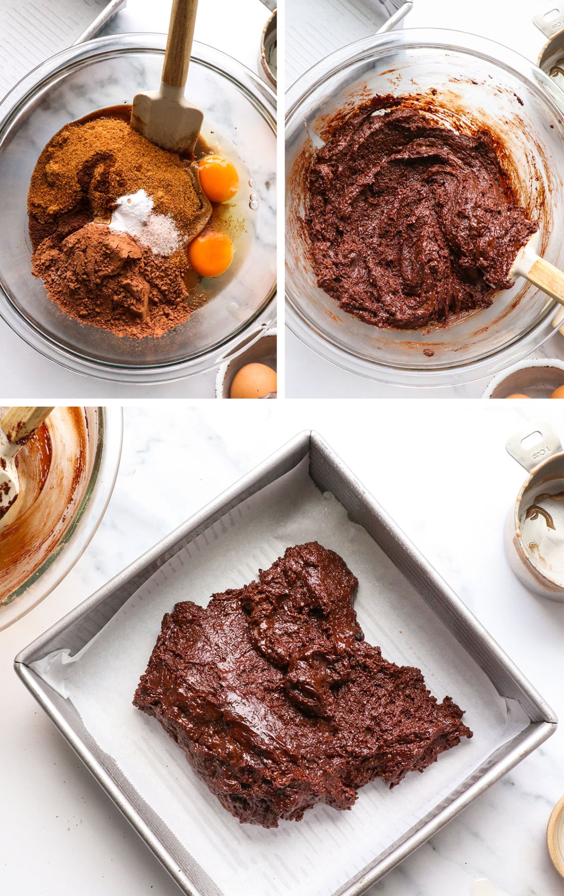 eggs, almond butter, coconut sugar, and cacao powder mixed in a bowl.