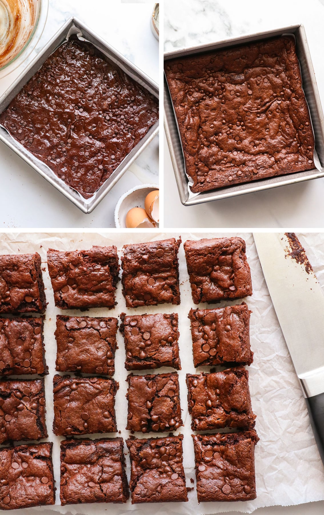 paleo brownies before and after baking them in the pan and sliced into squares.