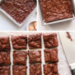 paleo brownies before and after baking them in the pan and sliced into squares.