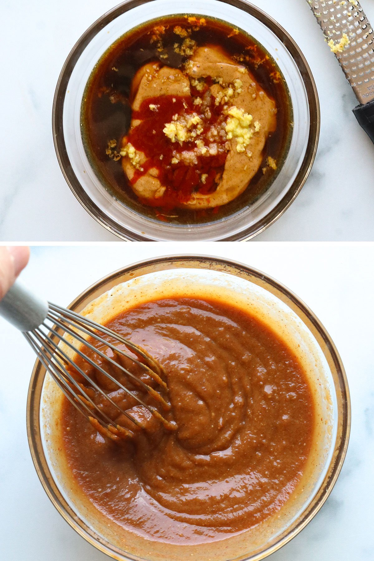 peanut sauce ingredients stirred together with a whisk.