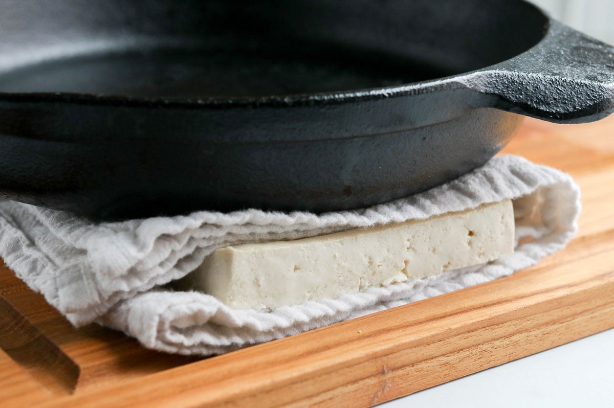 tofu pressed with cast iron skillet