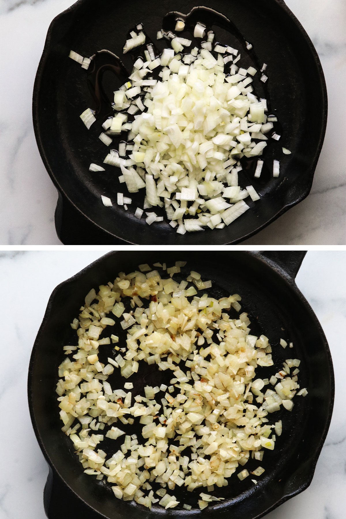 onion before and after cooking in a cast iron skillet.