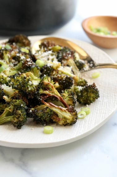 air fryer broccoli on a white plate