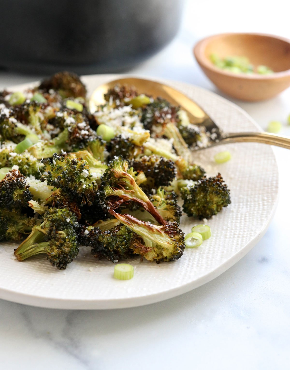 air fryer broccoli on a white plate