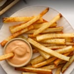 baked fries with special sauce labeled for Pinterest.