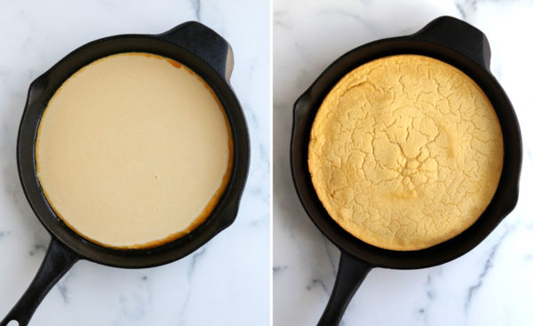 before and after of baked socca in pan