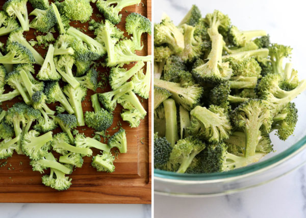 broccoli cut into small pieces and seasoned in bowl