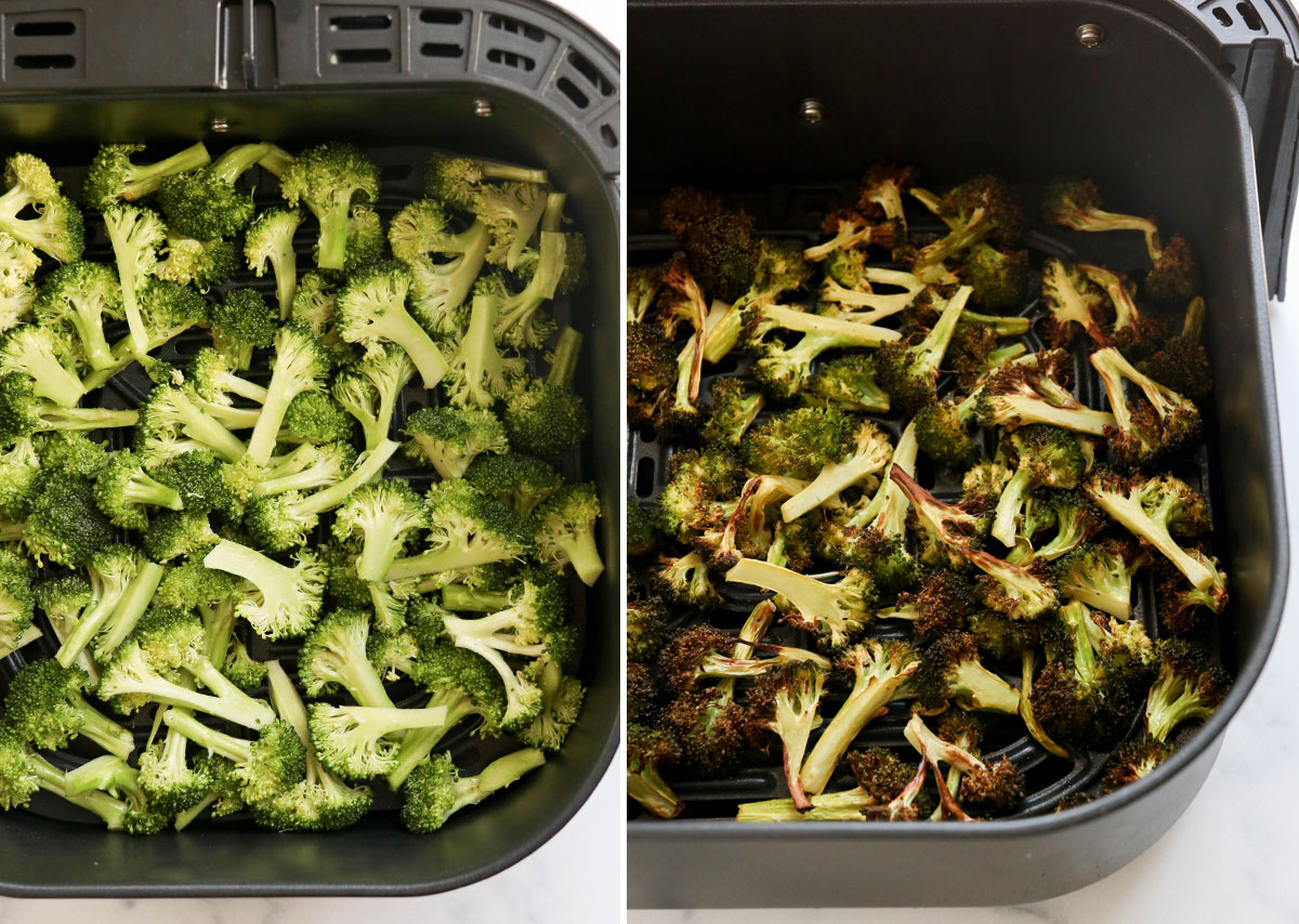 broccoli before and after cooking in air fryer basket