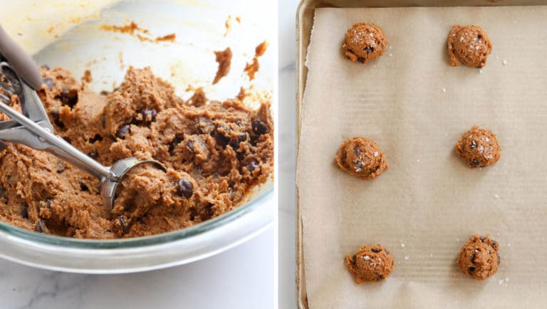 scooping the cookie dough onto a lined baking sheet