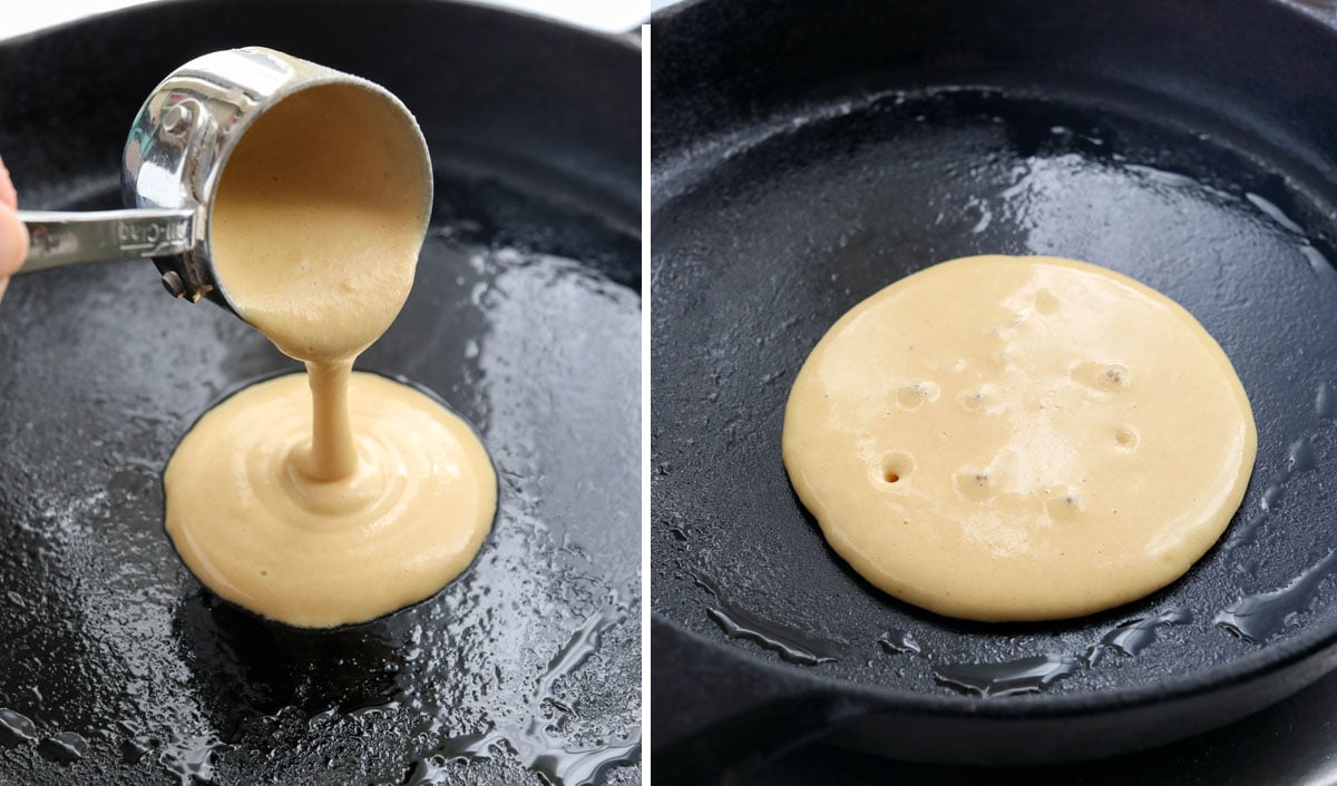 batter poured into skillet with bubbles forming in center