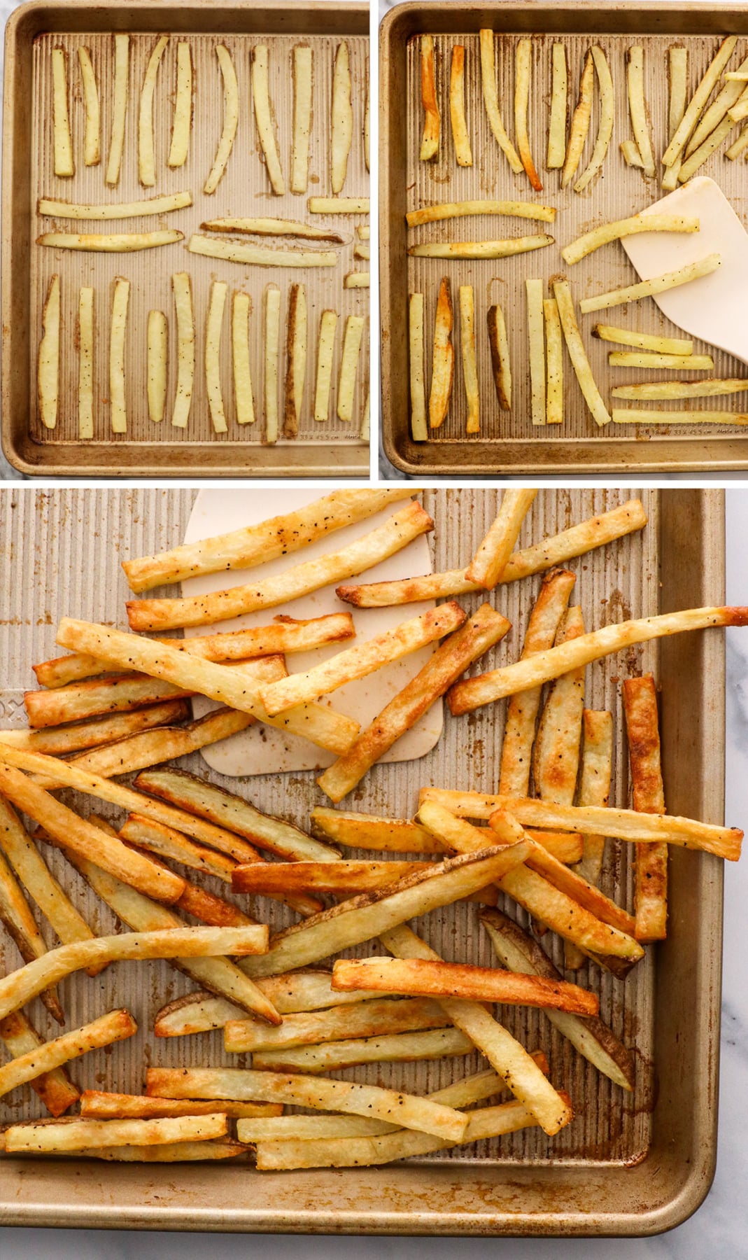 baked fries flipped on a pan and scooped with a spatula. 