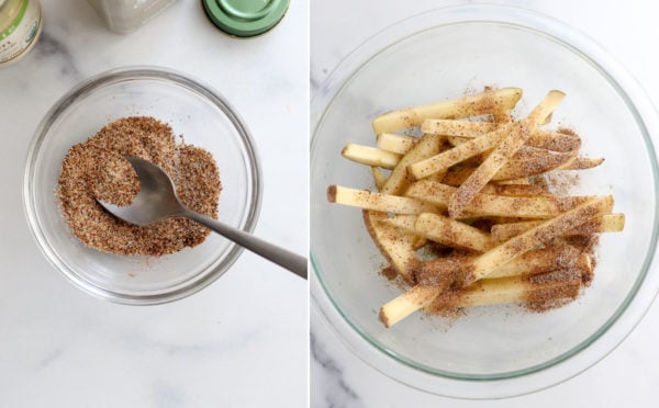 french fry seasoning stirred together and on fries in bowl