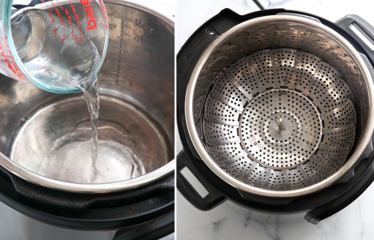 water and steamer basket added to instant pot