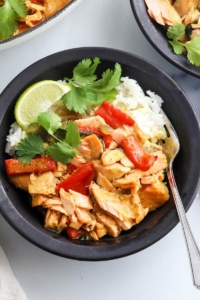 salmon curry in bowl with fresh cilantro on top