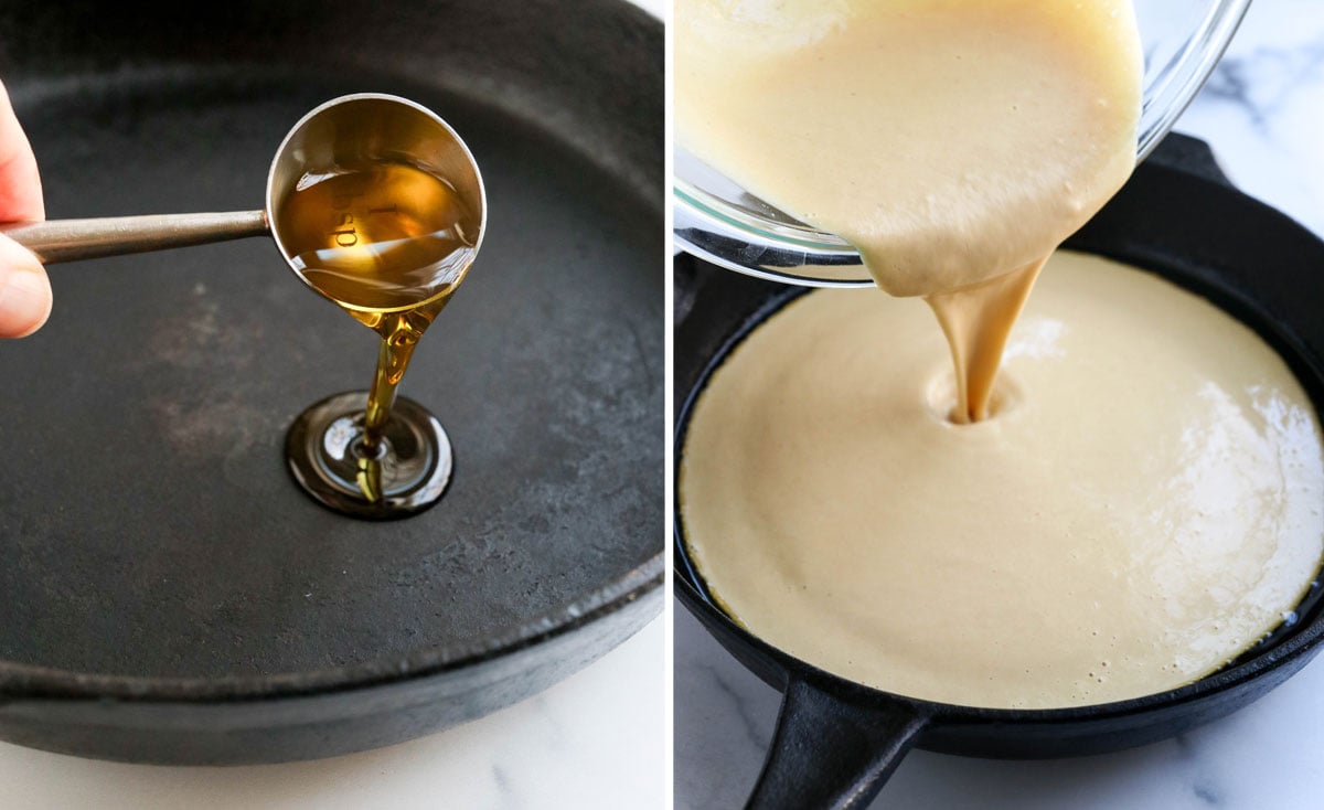 greased skillet with batter poured in