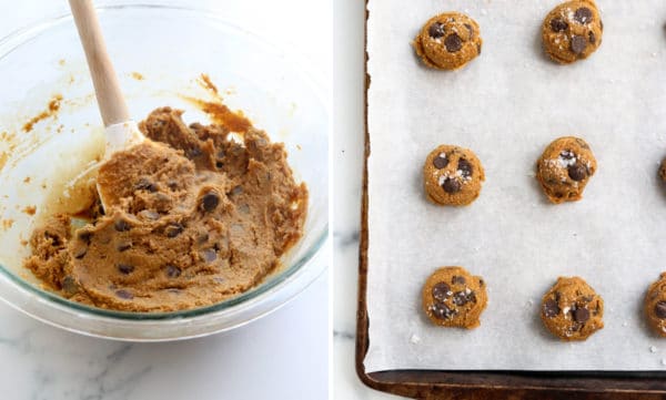 chocolate chip cookie dough in bowl and on pan