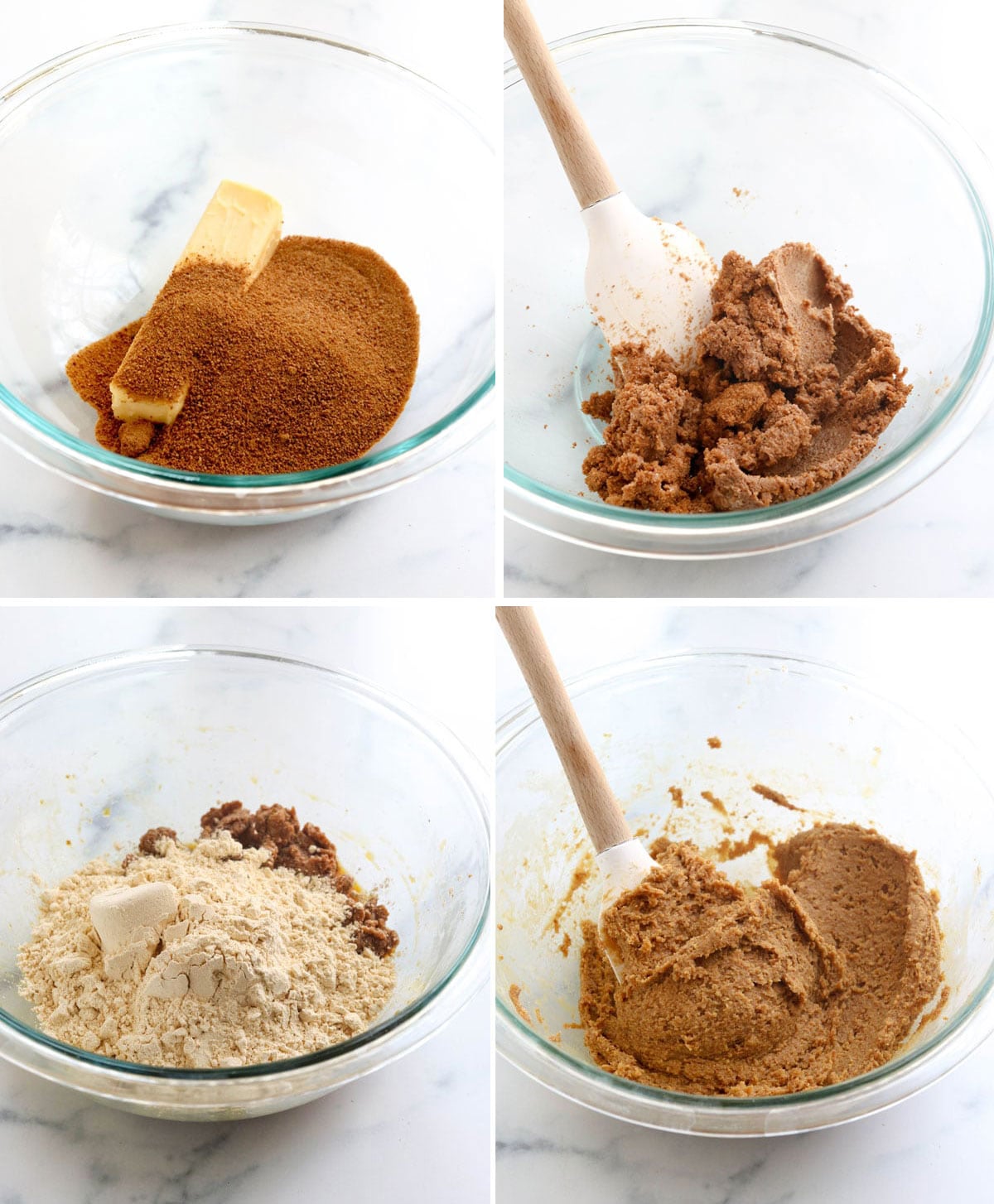 butter and coconut sugar mixed with chickpea flour for cookie dough in a bowl.
