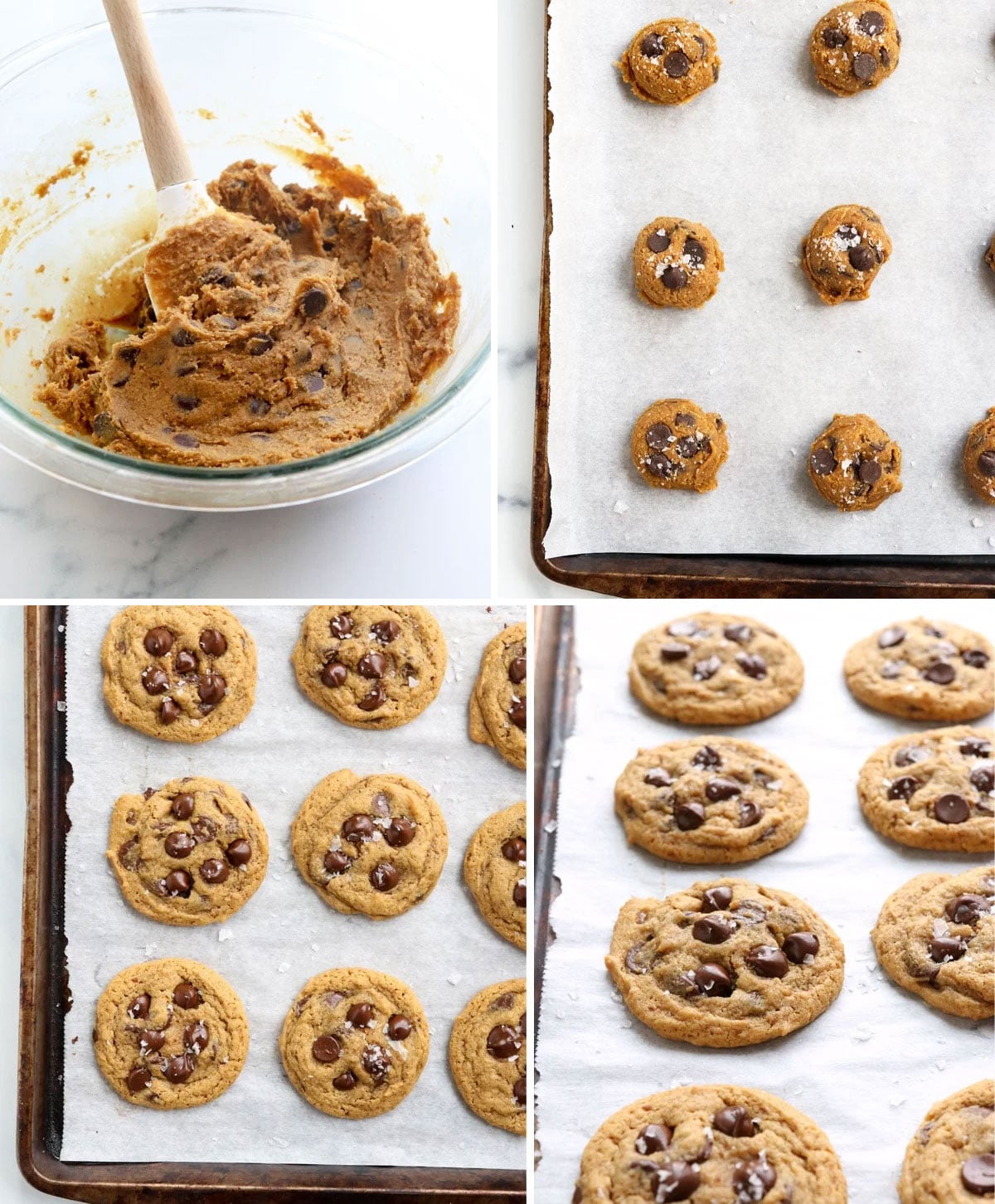 chickpea flour cookies before and after baking on a sheet pan.