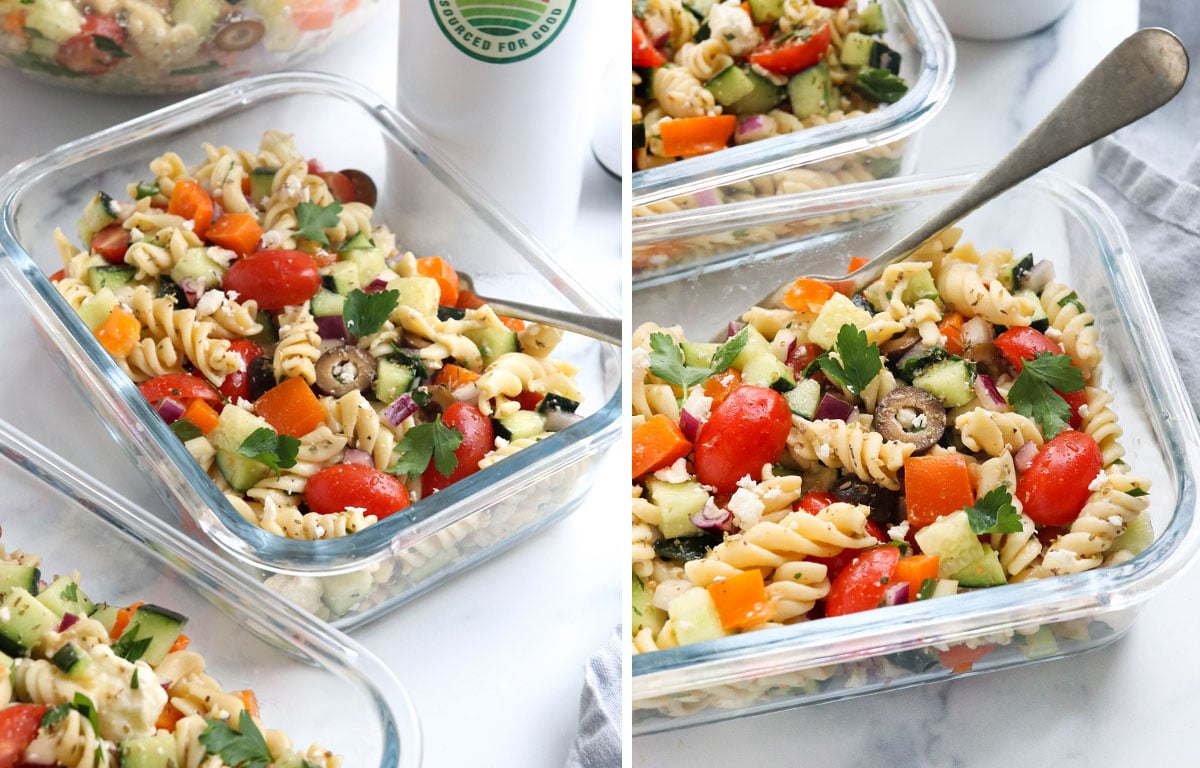 finished greek pasta salad in lunch containers