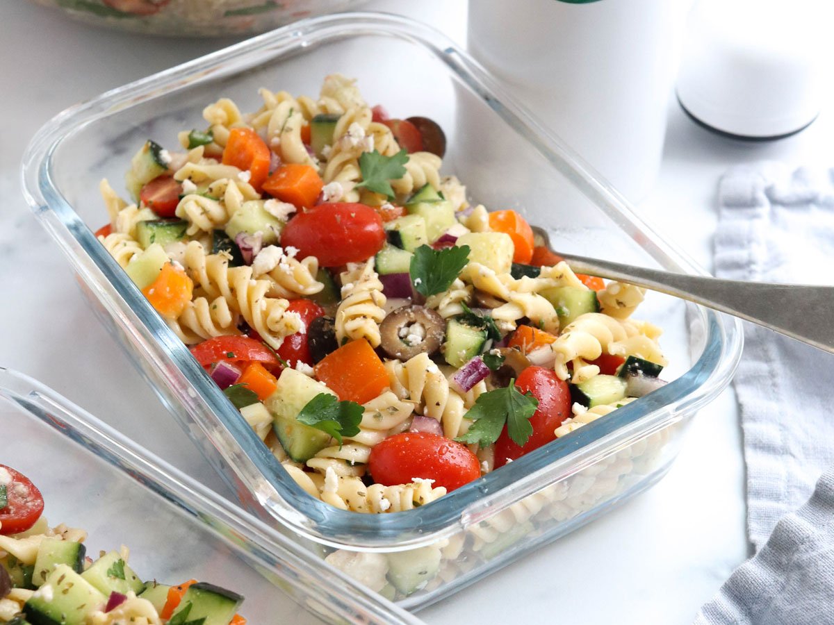 greek pasta salad in meal prep container