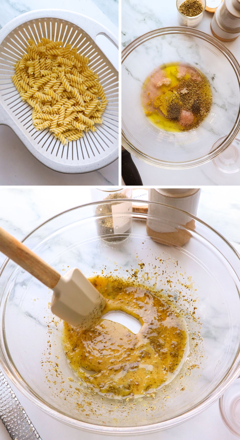 pasta in a colander and dressing mixed in a glass bowl.