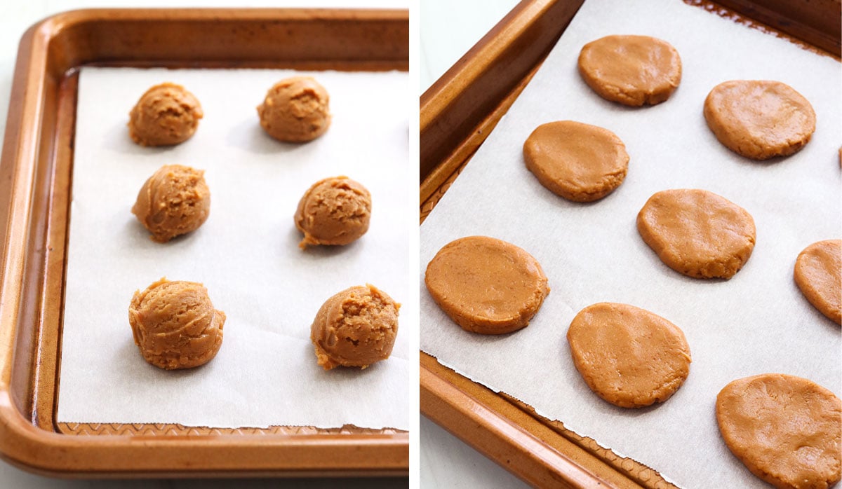 peanut butter filling shaped into eggs on baking sheet.