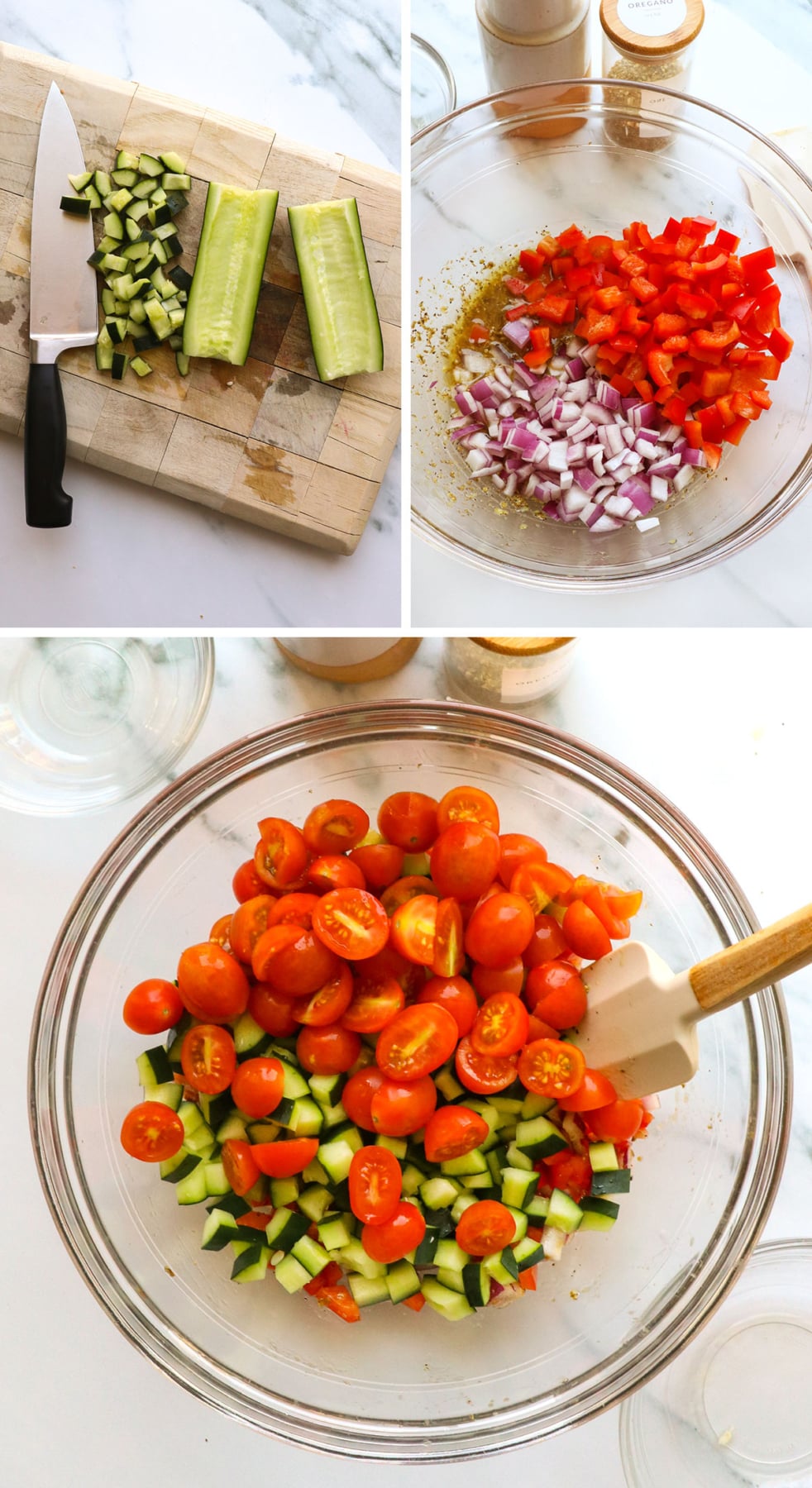 cucumber diced on a cutting board and veggies added to dressing bowl.