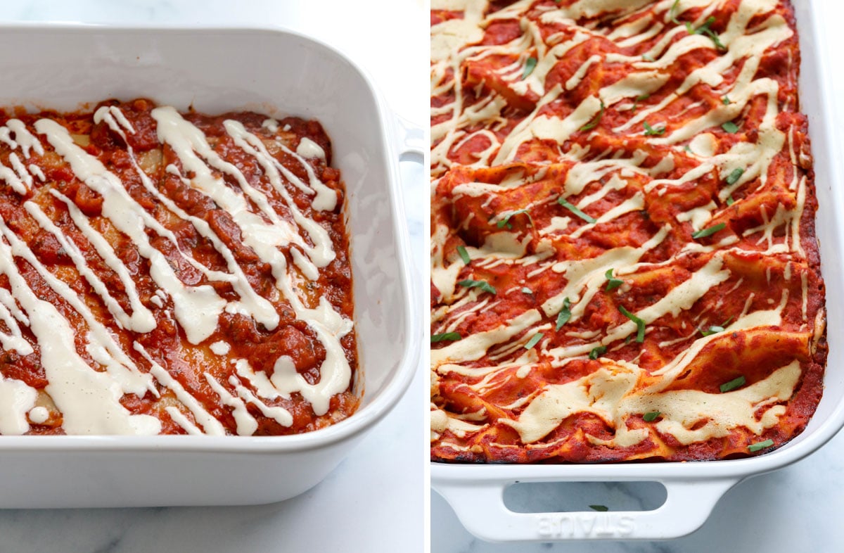 vegan lasagna before and after being baked