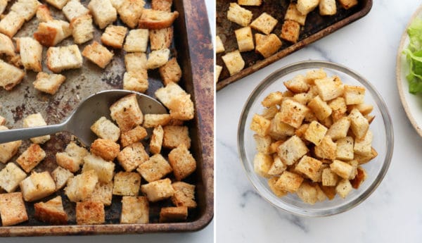 finished croutons on a pan and in a glass bowl