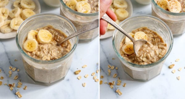 finished oats with sliced banana on top