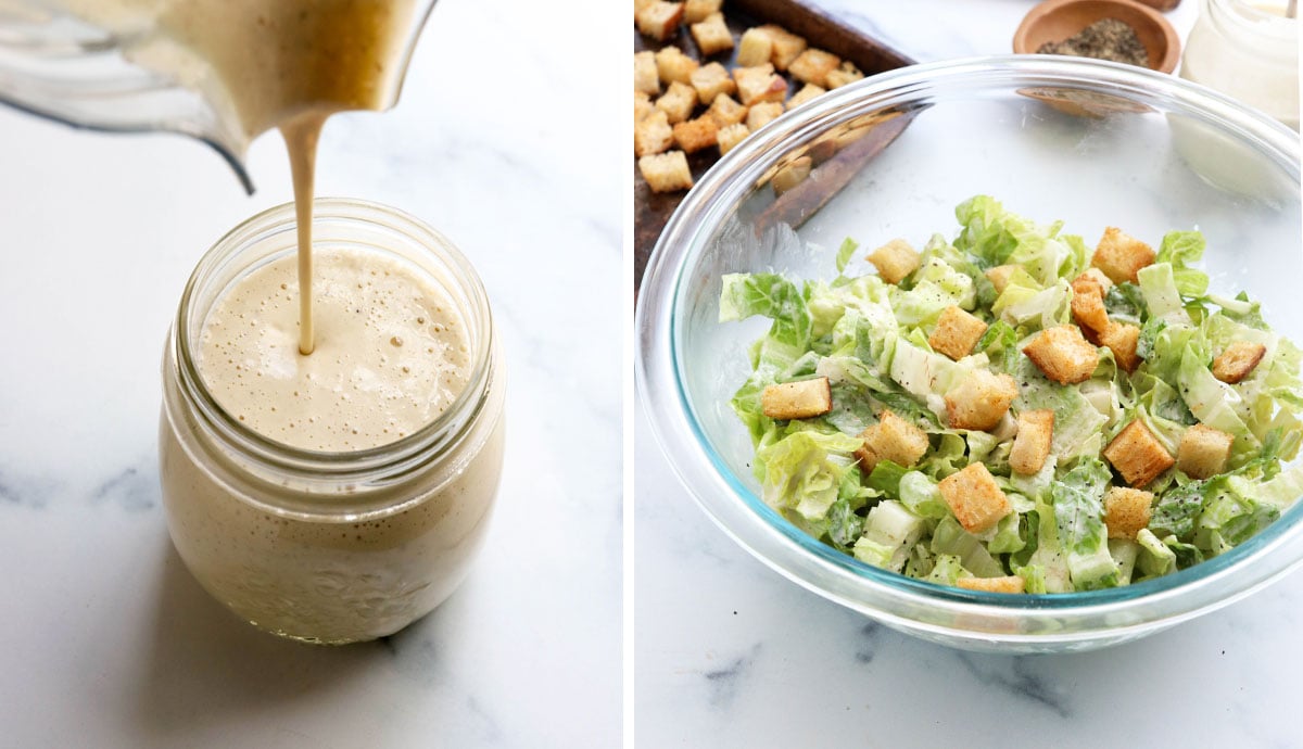 dressing poured into glass jar and served on salad