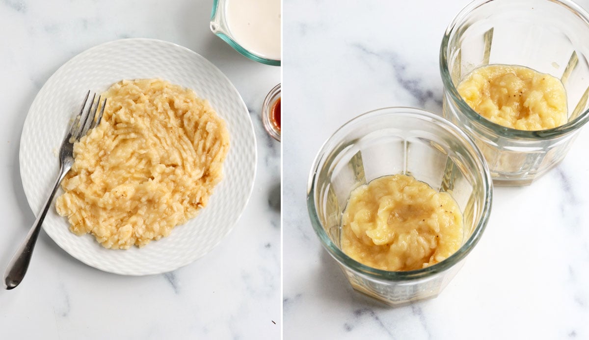 mashed banana on plate and in jars