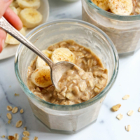 banana overnight oats on spoon