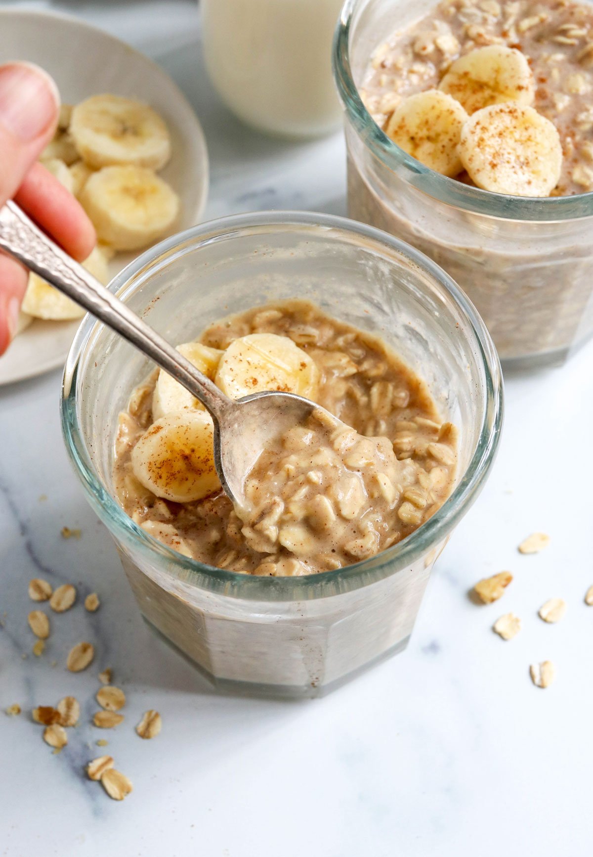 banana overnight oats on spoon