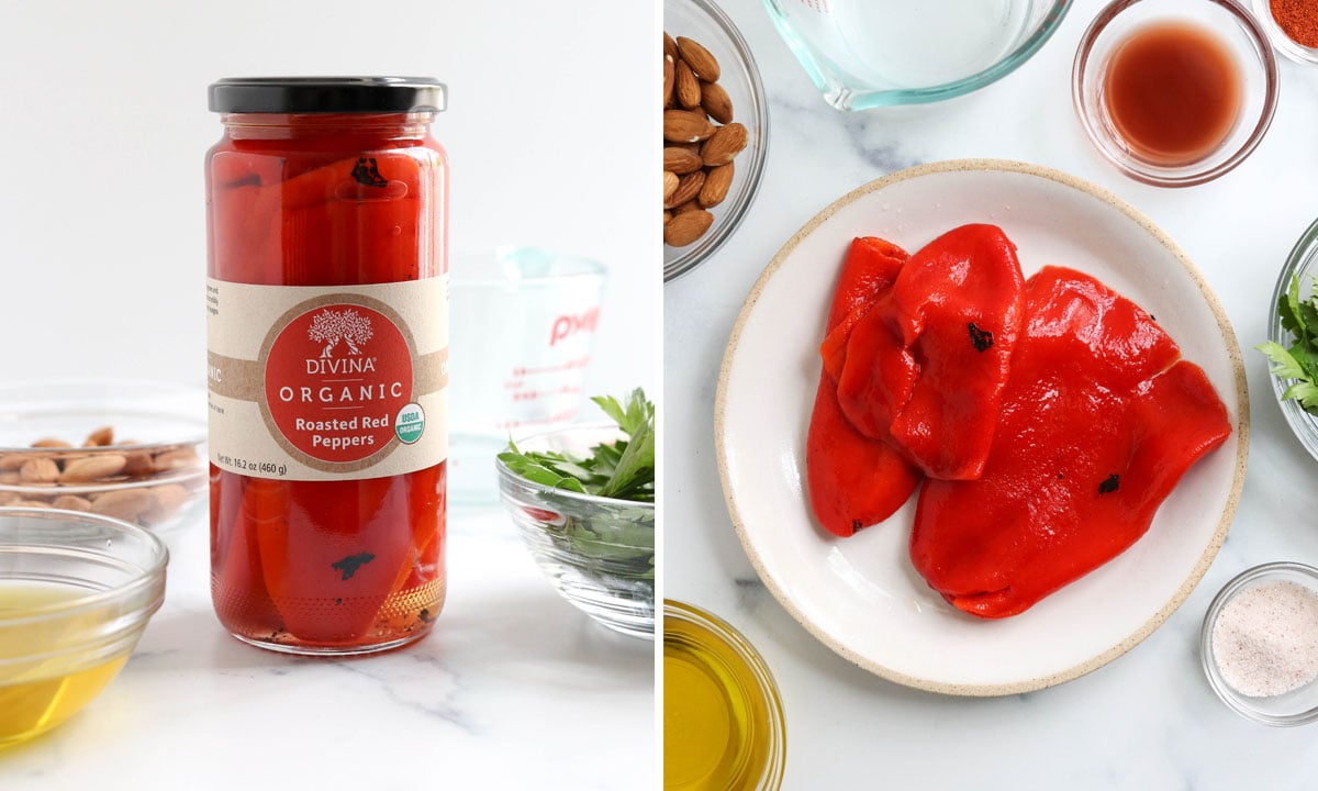 roasted red peppers in jar and on plate