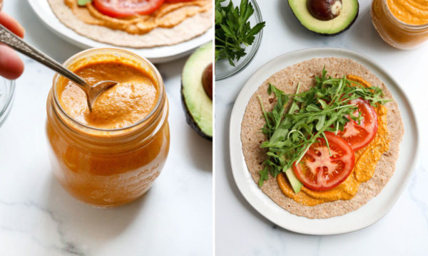 romesco sauce in jar and on wrap