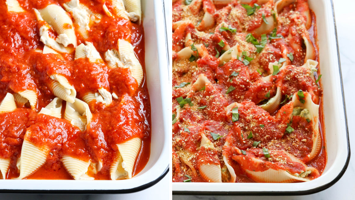 shells topped with marinara and baked