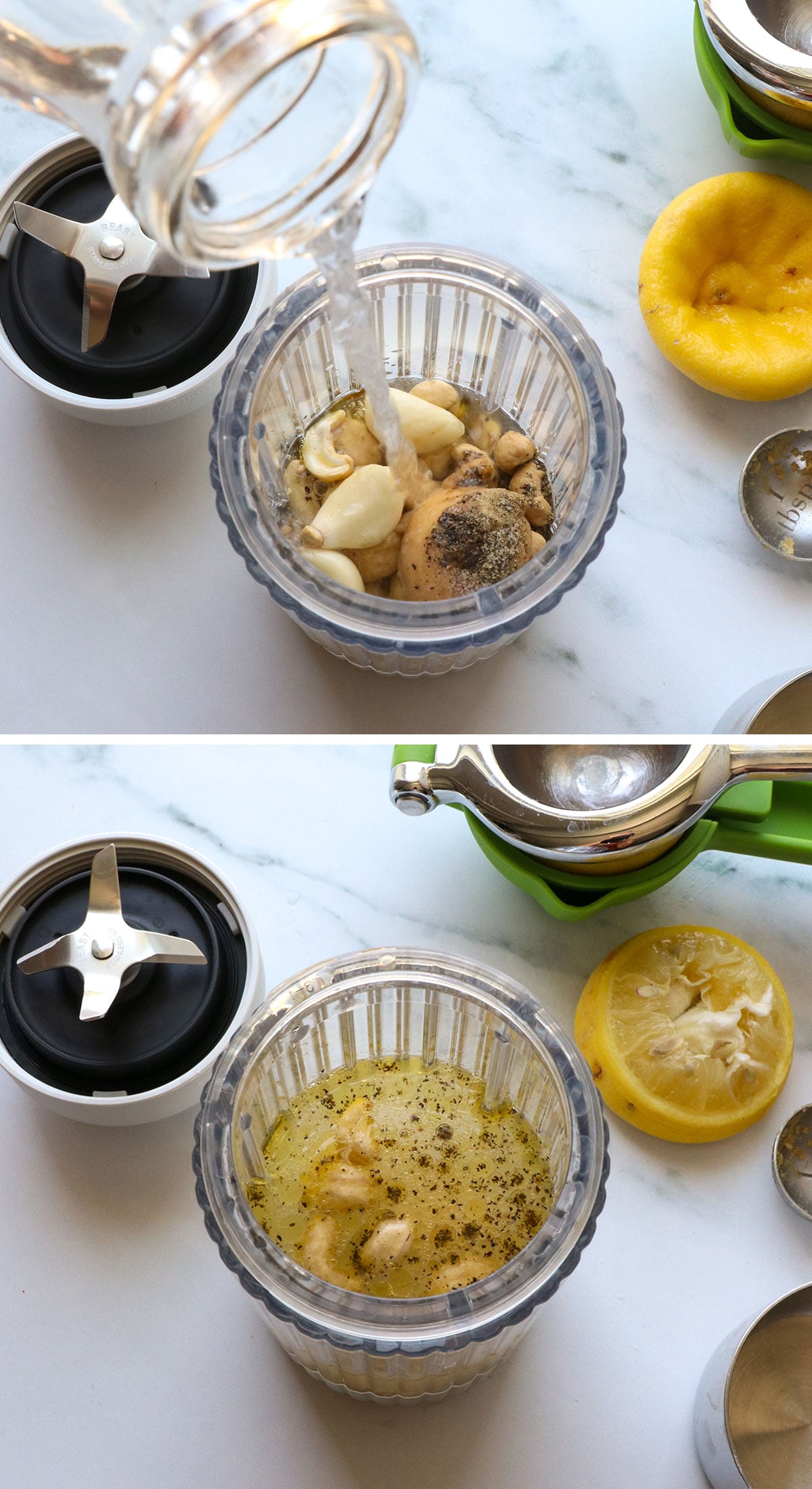 cashews, garlic, miso and water added to a blender.