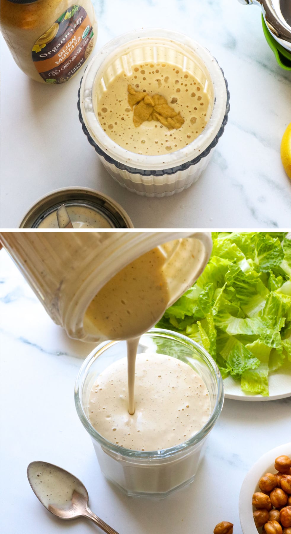 cashew caesar dressing blended smoothly and poured into a glass jar.