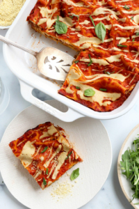 vegan lasagna sliced in pan