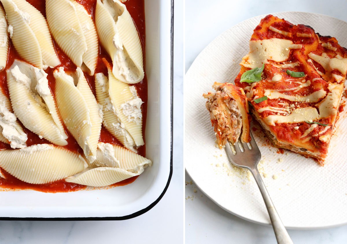 stuffed shells and vegan lasagna