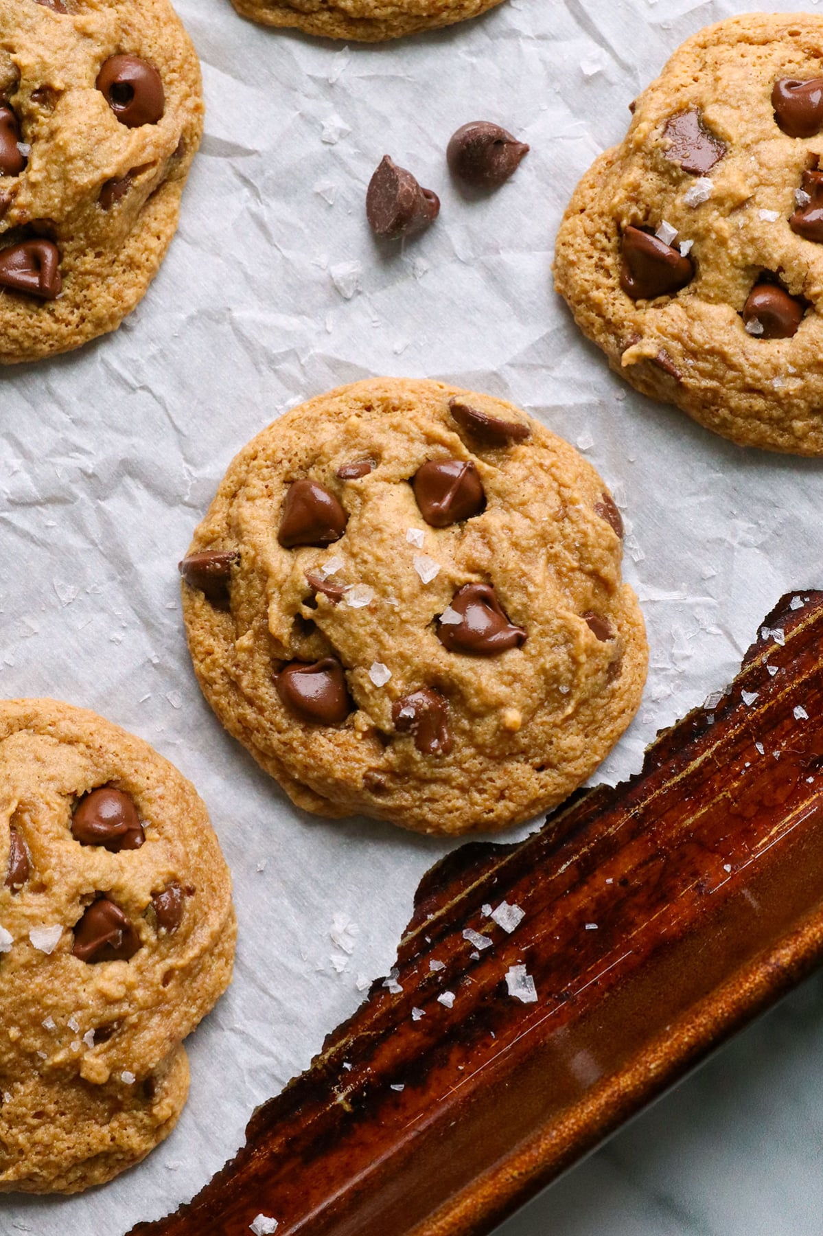close up of an almond flour chocolate chip cookie.