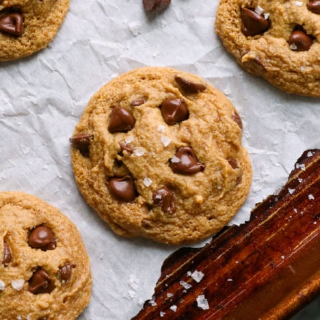 close up of an almond flour chocolate chip cookie.