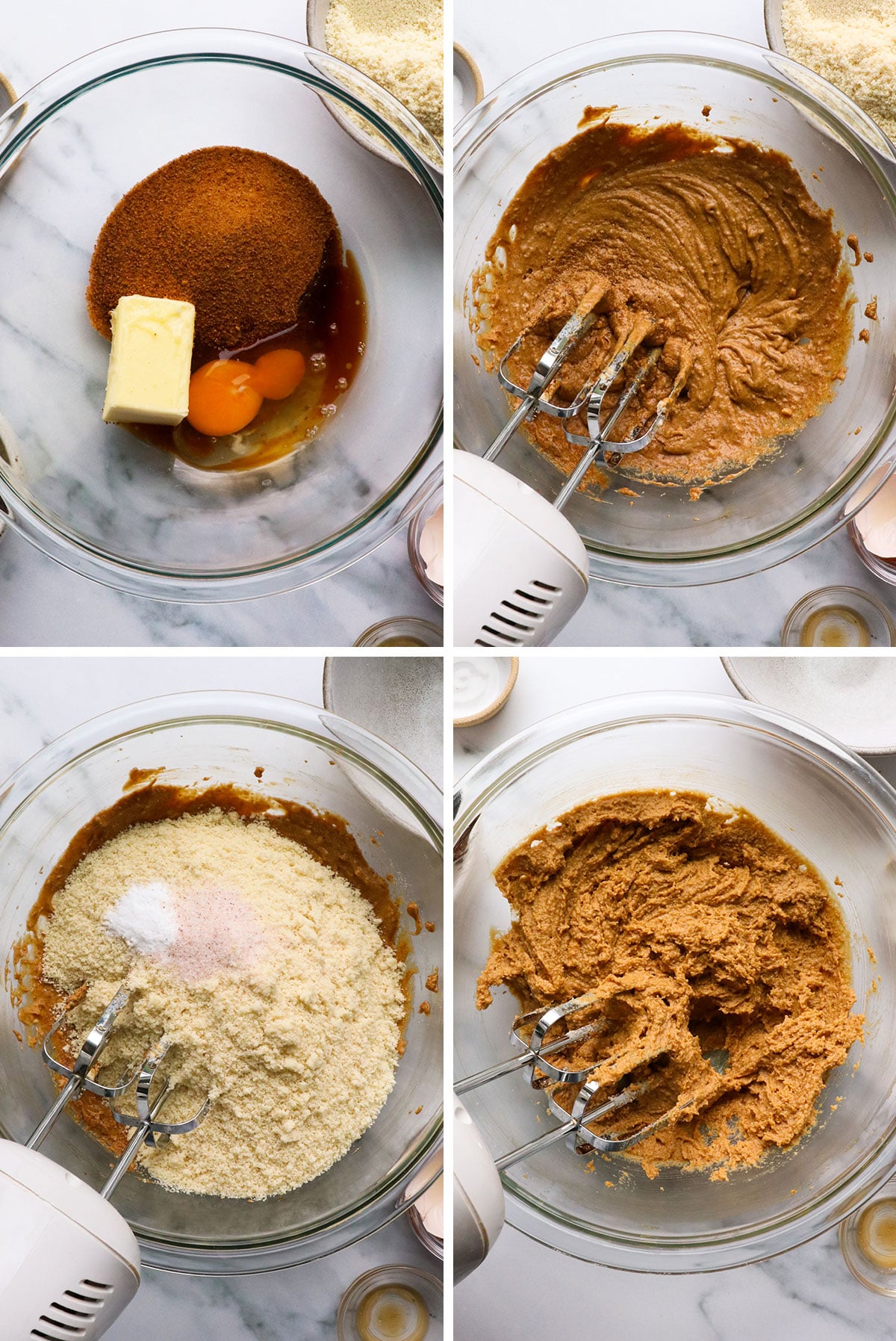 almond flour cookie dough mixed in 4 stages in a glass bowl.