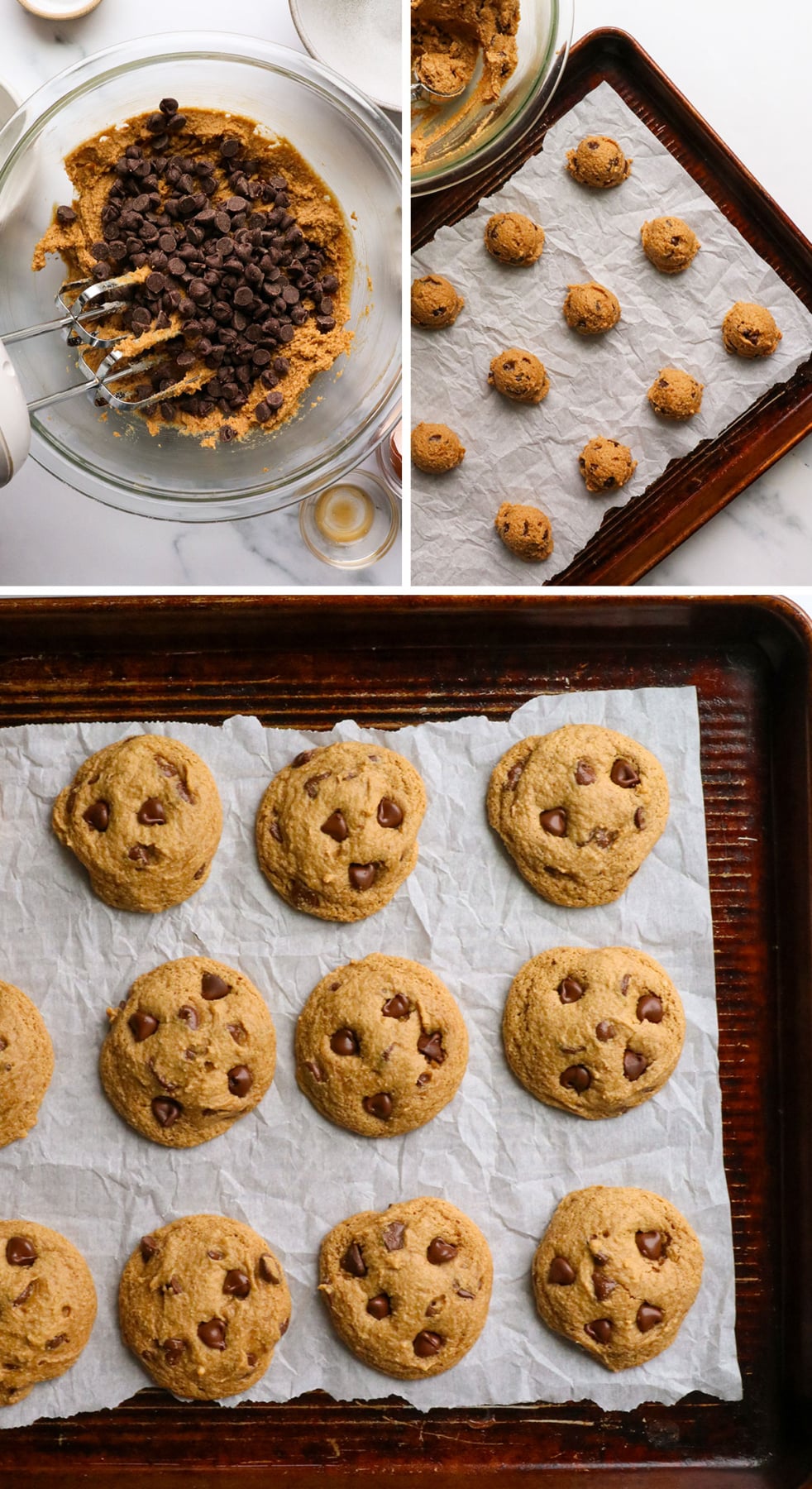 chocolate chips added to cookie dough and baked on a pan.