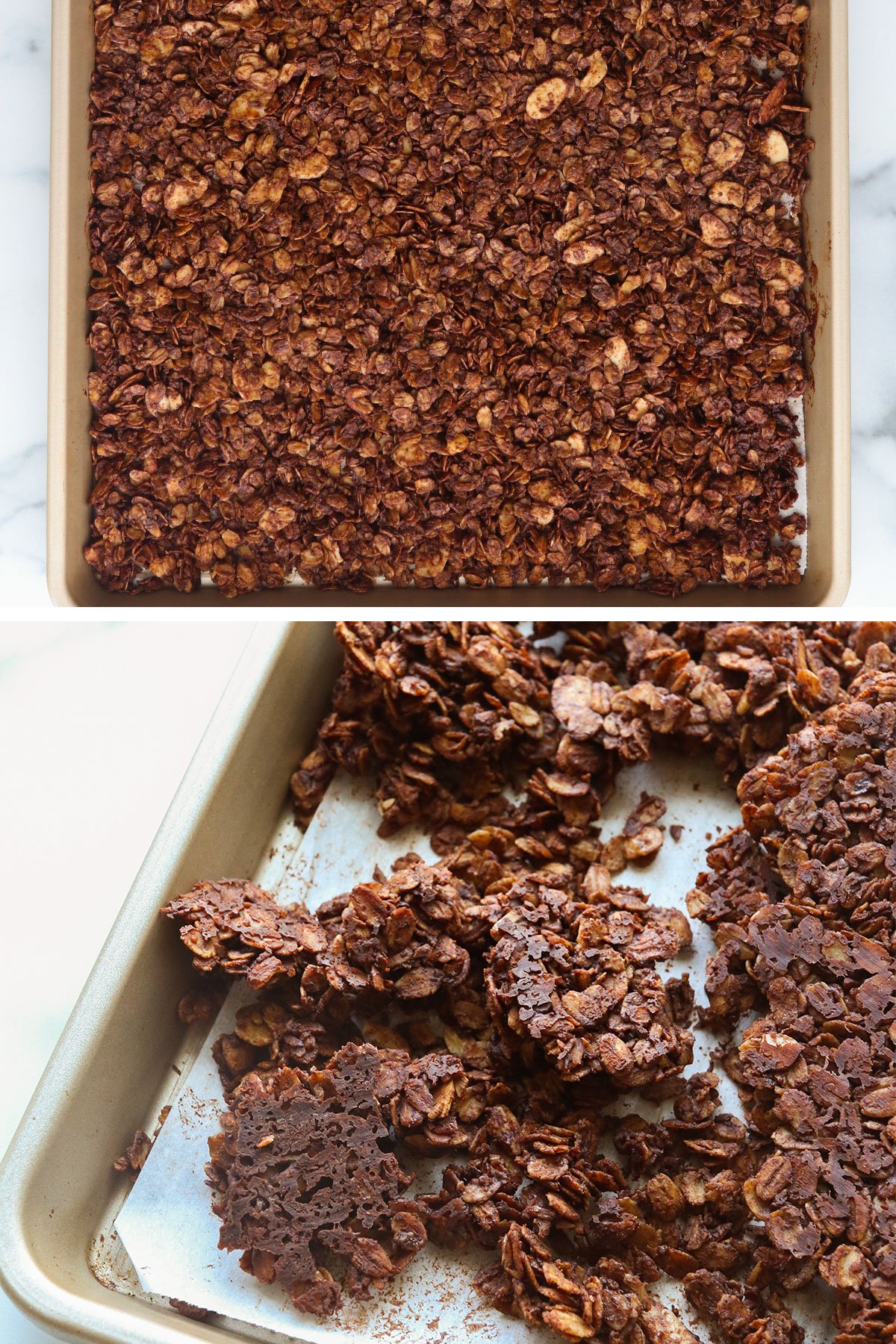 baked chocolate granola on pan and broken into clusters.