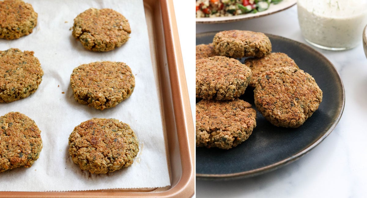 finished falafel on pan and on serving plate